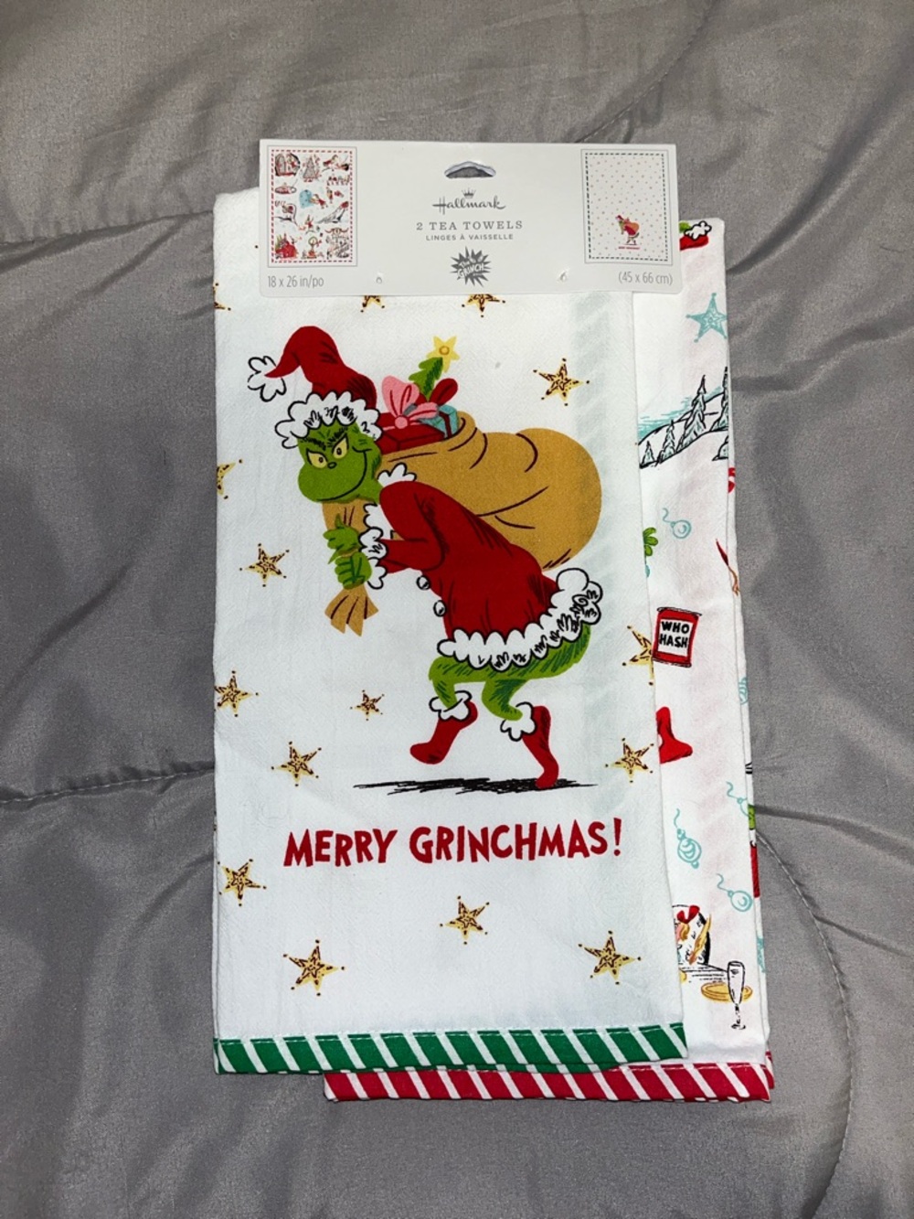 Hallmark White Tea Towels with Red & Green Grinch Design
